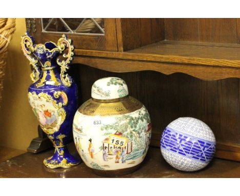 Blue Ground Vase, Blue Ground Carpet Ball and an Oriental Style Ginger Jar with figurative decoration 