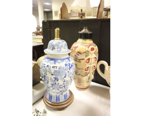 20th century Satsuma Vase converted to a lamp and a Blue and White Oriental Style Lamp