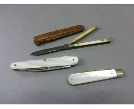 Vintage Bontgen & Sabin Folding Pocket Knife with Double Ivory Handle and Leather Case together with Two Mother of Pearl Case