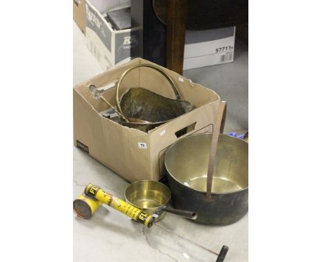 Large Brass Jam Pan, Brass and iron Handled Saucepan  together with a Scuttle, Garden Sprayer, etc