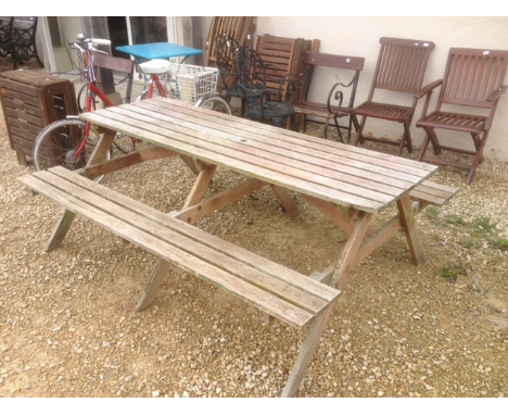 Large Teak Wood Garden Table with Folding Benches