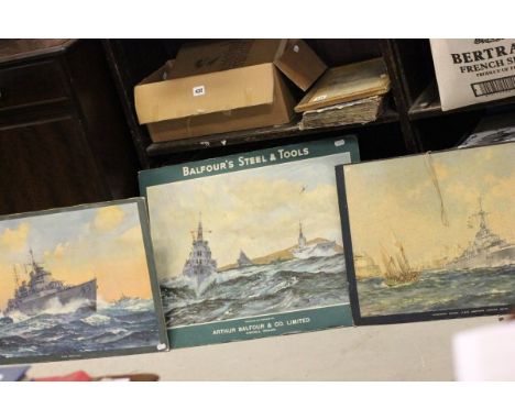Balfour's Steel & Tools 'Destroyers off Portland Bill' Advertising Board together with two Prints on Board of H M Sheffield a