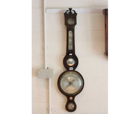 19th century Mahogany Banjo Barometer with Swan Neck Pediment, Silvered Dial and Thermometer