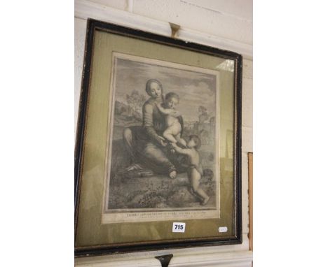 Antique Classical Italian Engraving Portrait of Madonna and Infant