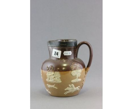 Doulton Lambeth Stoneware Hunting Jug with Silver Hallmarked Rim