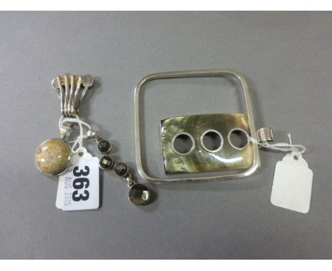 Three Silver Pendants, one set with polished brown agate plus Large Silver Pendant and a Square Silver Bangle
