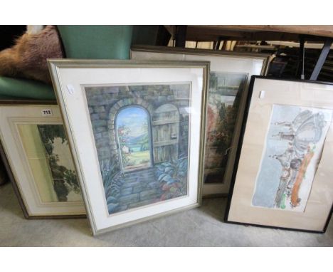 Two Framed and Glazed Pastels of Garden Gateways signed June Peel, John G Garrett Farnham Castle Watercolour and another Pict