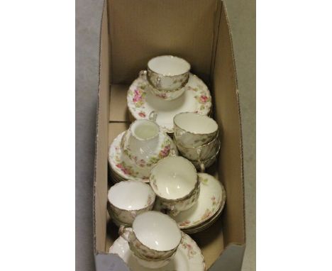 Edwardian Pink Rose Part Tea Service comprising 11 Cups and Saucers, 12 Tea Plates and a Milk Jug