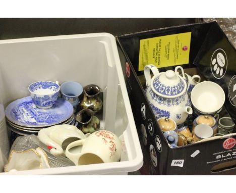Two Tubs of Mixed Ceramics including Spode Blue and White, Two Ewenny Pots, Various Tea Sets, etc
