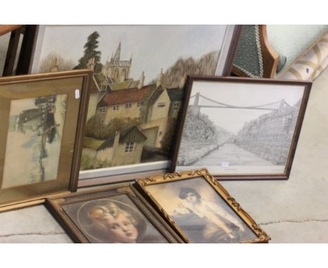 Oil on Board Street Scene of Colerne, Print of the Avon Gorge, Print of Ship in Harbour and Two Portrait Prints