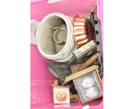 Group of Mixed Items including Pipe Rack and Pipes, Wooden Butter Barrel, Copper Jelly Mould, Cow Bell, Two Sets of Handpaint