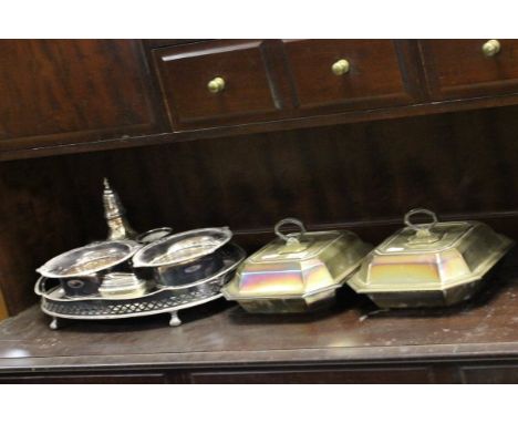 Group of Silver Plate including Pair of Art Deco Tureens and Lids, Pair of Wine Coasters, Gallery Tray, Sugar Shaker and Ligh