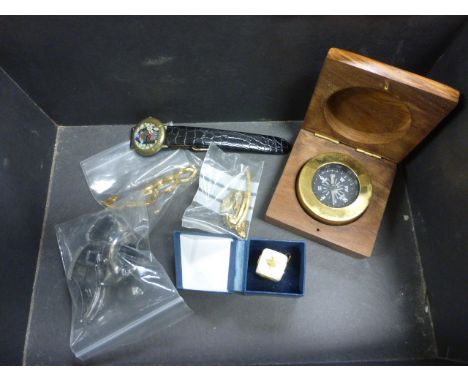 Wooden Cased Compass, Dice Pendant and Four Wristwatches