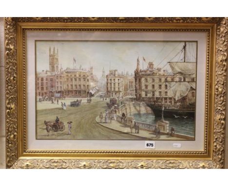 K Cherrington, early 20th century Gilt Framed and Glazed Watercolour - View of Bristol City Docks with Sailing Ship, 31cm x 5