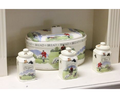 Masons Cash Bread Bin with Hare Hunting Decoration together with Three Macdonald Ceramic Storage Jars with matching design