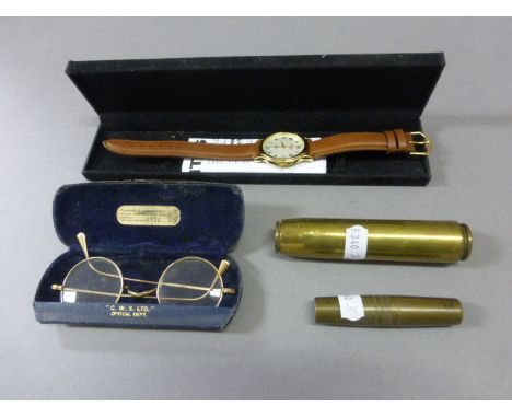 1930's Yellow Metal Spectacles, Gents Wristwatch, Brass Cased Tool Set and an item of Trench Art