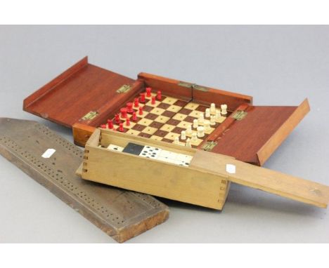 Early 20th century Mahogany Cased Travelling Chess Set with Bone Red and White Pieces (two missing) plus Boxed Bone and Ebony