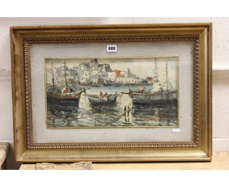 Oil Painting Continental Seascape Harbour Scene, signed A D Billin