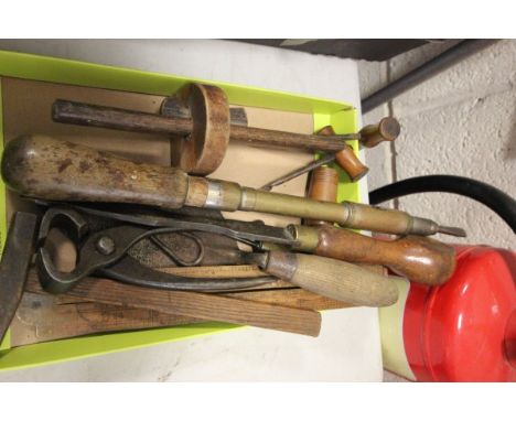 Collection of Old Wooden Handled Tools including Screwdrivers, Bradles, Folding Rule, etc