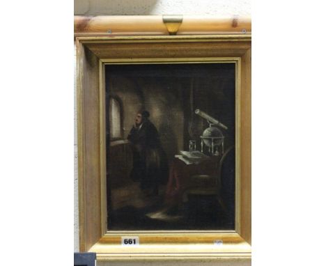 Antique Oil Painting of a 19th century Astromenor with Telescope and Globe in an Interior Setting