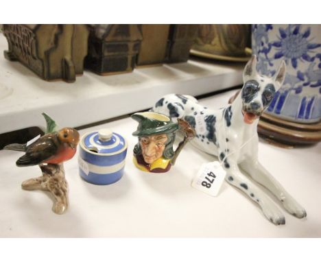 Bidasoa Model of a Great Dane, Small Royal Doulton Character Jug, Goebel Bird and a Cornishware Mustard Pot