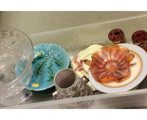 Good Group of Mixed Ceramics and Glass including Royal Worcester Footed Bowl, Majolica Footed Bowl and Plate, Hat Bowl, Potte