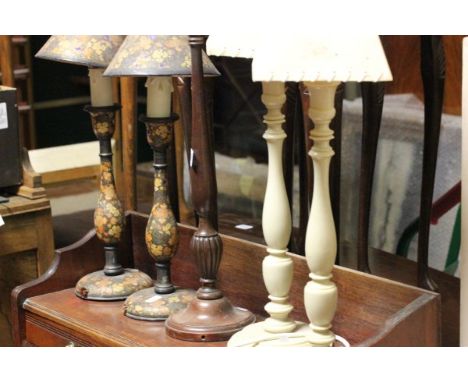 Pair of Papier Mache Table Lamps, Pair of Cream Table Lamps and a Wooden Table Lamp