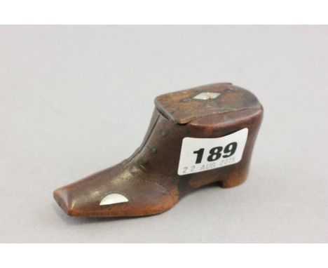 19th century Wooden Snuff Box in the form of a Shoe with Mother of Pearl decoration