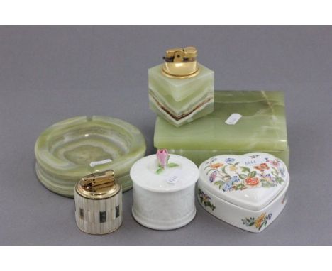 Aynsley Heart Shaped Trinket Box, Coalport Trinket Box, Onyx Cigarette Box, Lighter & Ashtray and a Calibri Mother of Pearl L