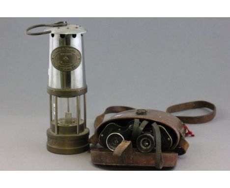 Thomas & Williams Aberdare Miners Lamp together with a Set of Leather Cased Ross Binoculars with a Goodwood Race Course 1955 
