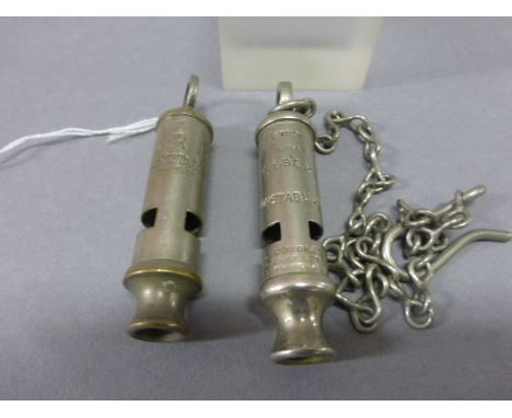 Two Vintage J.Hudson Policeman's Whistles - A.R.P and Essex Constabulary 