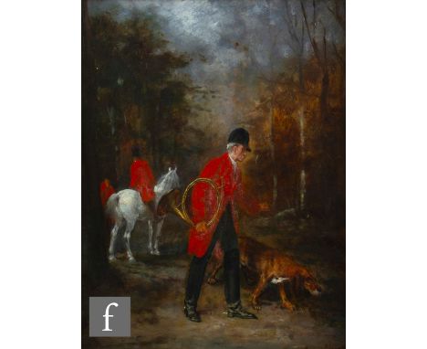 MAURICE BLUM&nbsp;(FRENCH, 1832-1909) - A French hunting scene with Master of the Hunt and dog in a woodland clearing, oil on