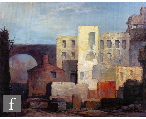 FERDINAND EDWARD HARLEY CAULKIN (1888-1977) - 'Demolition Colour, Snow Hill, Birmingham', oil on board, signed, inscribed ver