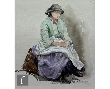 WALTER LANGLEY, RI (1852-1927) - Study of a young woman sitting on an upturned lobster pot, watercolour, bears 'Abbott &amp; 