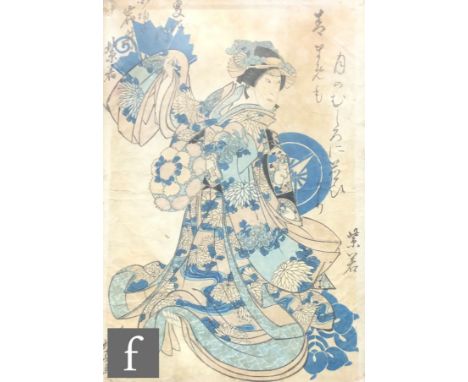 SHUNBAISI HOKUEI (JAPANESE, FLOURISHED 1824-1837) - 'Iwai Shijaku as Ushiwakam, Maid of Cherry Blossom Viewers', woodblock pr