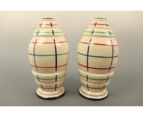 A vintage pair of decorative vases, of stepped ovoid form, crackle glazed and decorated with hand-enamelled horizontal and ve