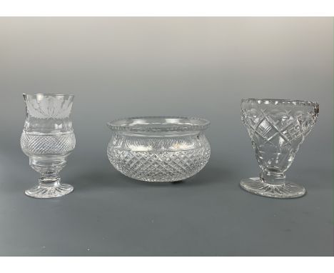 A Richardson's crystal vase, 15 cm high, a cut glass tea light holder and a bowl