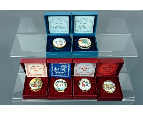 Six Halcyon Days enamel Christmas boxes, 1974 - 1779, boxed with documents