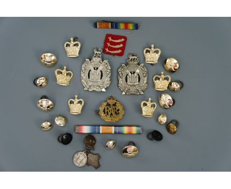 Sundry items of military insignia including a Victorian King's Own Scottish Borderer's cap badge, Great War medal ribbon bars
