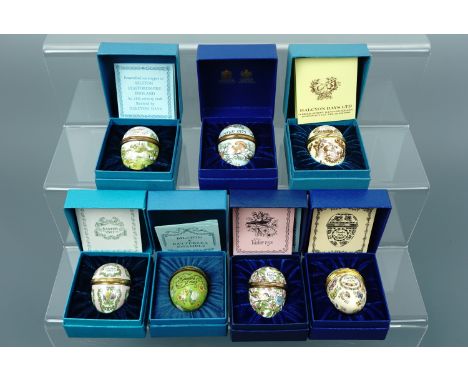 Seven Halcyon Days enamel Easter egg boxes, 1973 - 1979, boxed with documents
