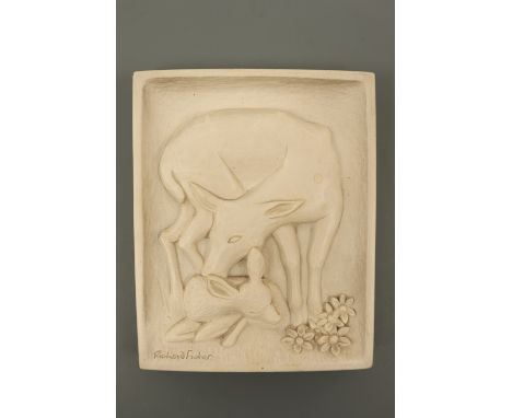 After Richard Fisher (b.1925) (Keswick School of Art), A cast ceramic wall plaque depicting a sleeping fawn and tender doe, 2