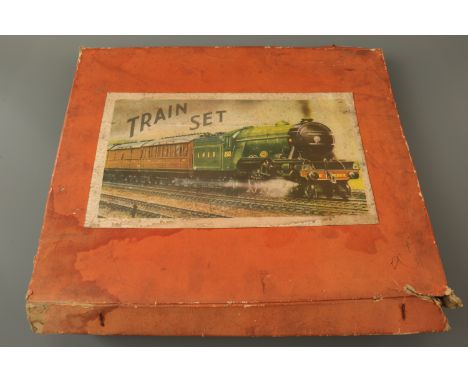 A quantity of vintage tinplate O gauge model railway, including a boxed train set containing a Mettoy 34065 Hurricane locomot