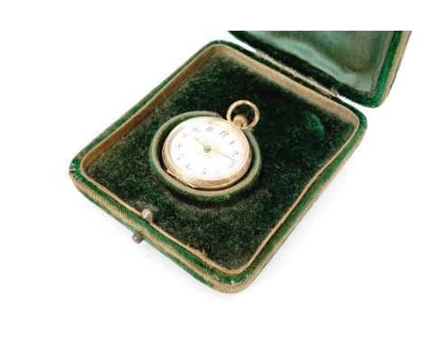 A late 19th / early 20th Century lady's yellow metal fob watch, having a Swiss pin-set movement, case stamped 14 K, (a/f), 27