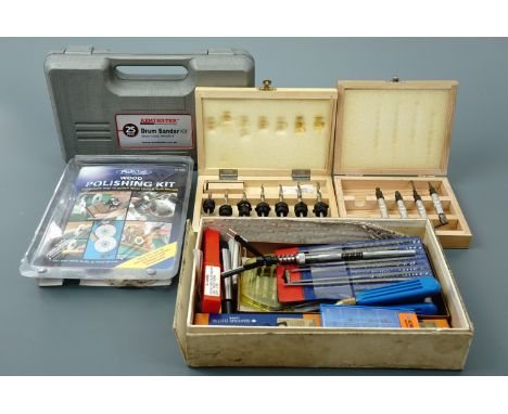 A quantity of drill bits, cutter, files etc, an Axminster 25-piece drum sander kit and a Policraft wood polishing kit