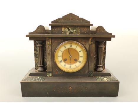 A Victorian black slate and green variegated marble mantle clock of classical architectural form, 37 x 14 x 31 cm
