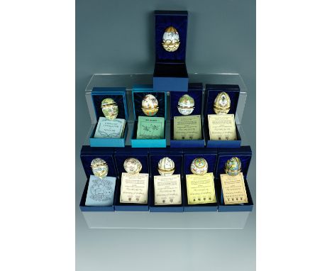 Ten Halcyon Days enamel Easter egg boxes, 1980 - 1989, boxed with documents