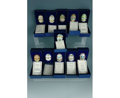 Eleven Halcyon Days enamel Easter egg boxes, 1990 - 2000, boxed with documents