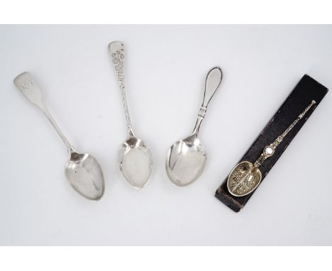 Four antique silver spoons, including an anointing spoon, London, 1902, a tea caddy spoon, Birmingham, 1914, a George III Iri