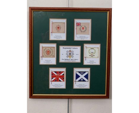 A Framed display of cards depicting the regimental colours of the Highland Light Infantry, 33 cm x 30 cm