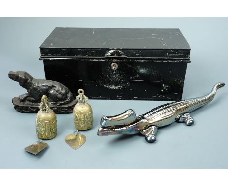 A vintage black Japanned deed box together with a enamelled novelty nut cracker in the form of a crocodile, circa 1950s, two 